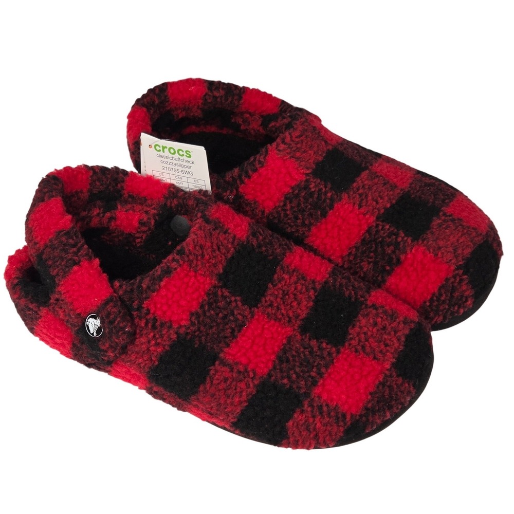 Crocs Classic Fuzzy Cozzzy Slippers Women 7 Men 5 Red Black Buffalo Check NEW